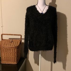 Love Tree Fuzzy Black Twist Knot Back Sweater